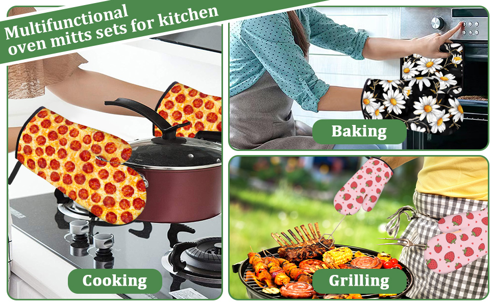 Black Cat Oven Mitts and Pot Holders Set 4 Pcs Extra Long Heat Resistant Gloves Potholder for Baking, BBQ, Grilling