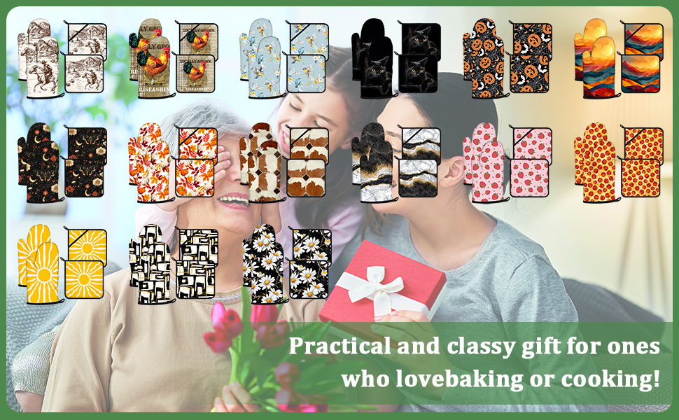 Black Cat Oven Mitts and Pot Holders Set 4 Pcs Extra Long Heat Resistant Gloves Potholder for Baking, BBQ, Grilling