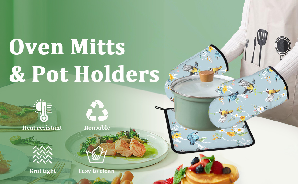 Black Cat Oven Mitts and Pot Holders Set 4 Pcs Extra Long Heat Resistant Gloves Potholder for Baking, BBQ, Grilling