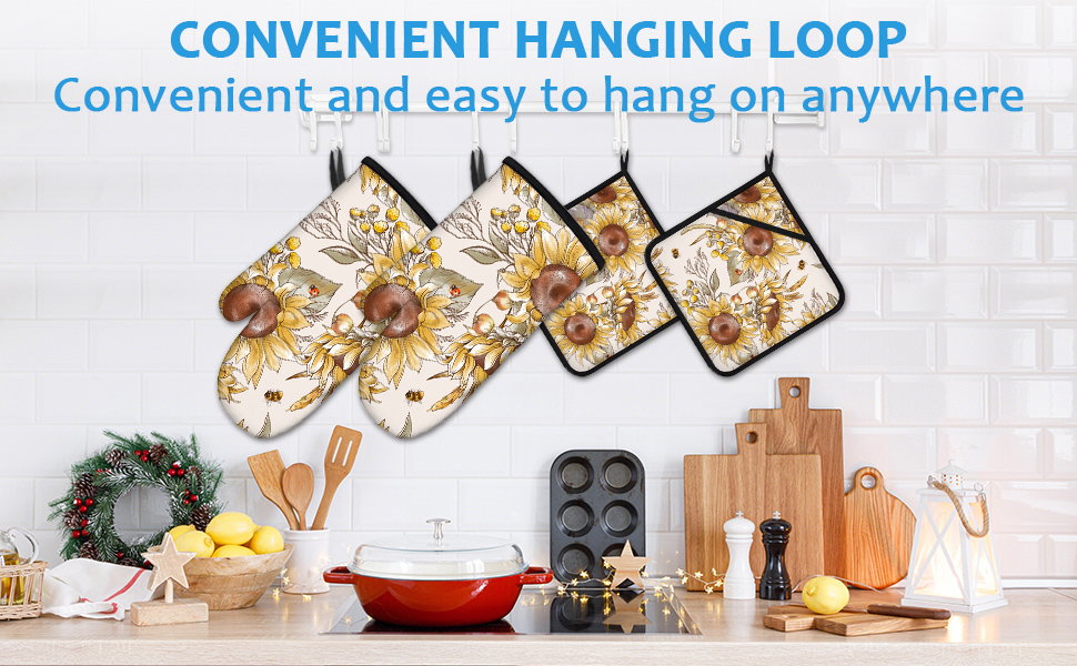 Funny Black Cat Oven Mitts and Pot Holders Sets Heat Resistant 4Pcs Potholders Oven Gloves Hot Pads for Kitchen Baking Cooking Grilling BBQ