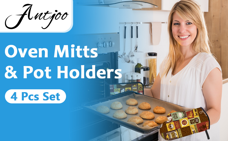 Funny Black Cat Oven Mitts and Pot Holders Sets Heat Resistant 4Pcs Potholders Oven Gloves Hot Pads for Kitchen Baking Cooking Grilling BBQ