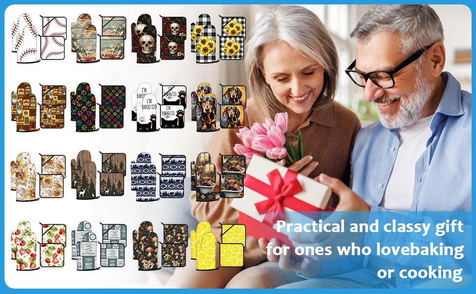 Watercolor Dog Oven Mitts and Pot Holders Sets Heat Resistant 4Pcs Potholders Oven Gloves Hot Pads for Kitchen Baking Cooking Grilling BBQ