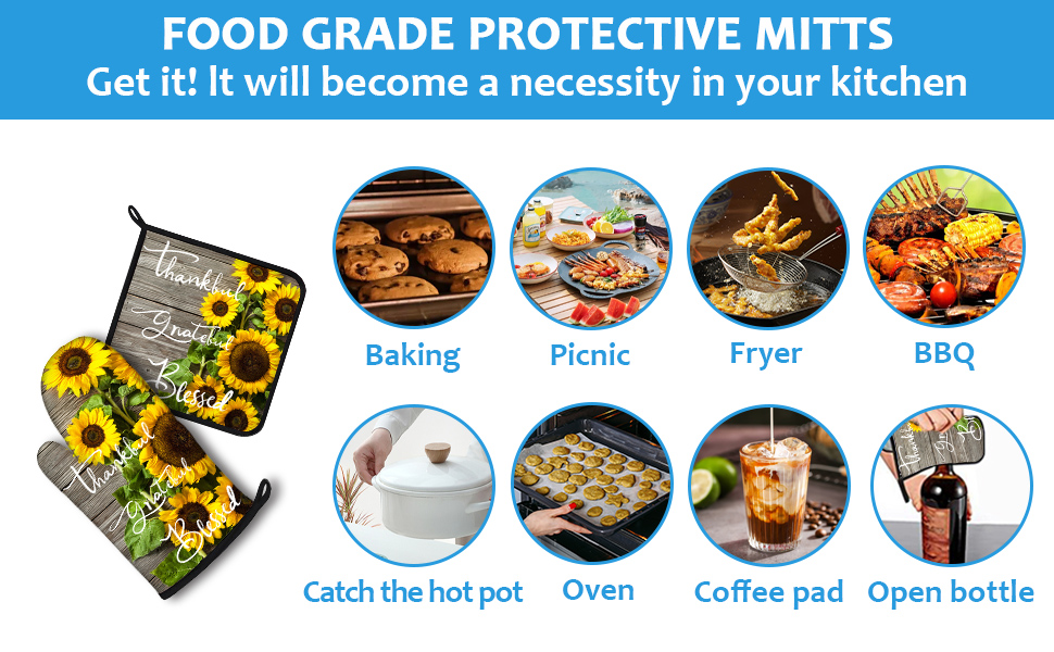 Sunflower Wood Grain Oven Mitts and Pot Holders Sets Heat Resistant 4Pcs Potholders Oven Gloves Hot Pads for Kitchen Baking Cooking Grilling BBQ