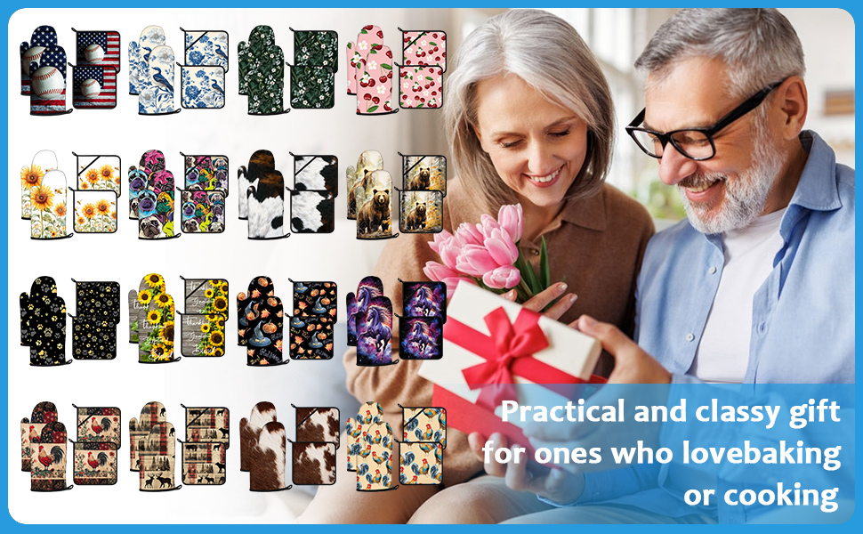 Sunflower Wood Grain Oven Mitts and Pot Holders Sets Heat Resistant 4Pcs Potholders Oven Gloves Hot Pads for Kitchen Baking Cooking Grilling BBQ