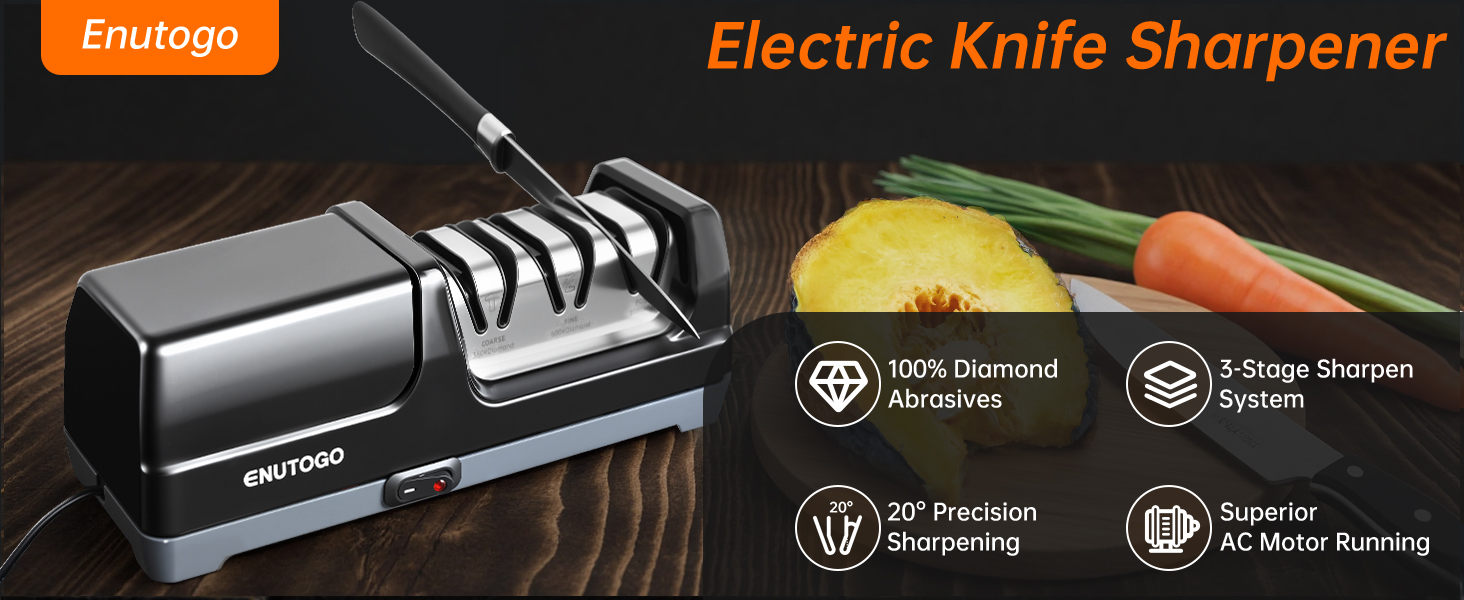 Knife Sharpener, Professional 3-Stage Electric Knife Sharpener for Kitchen Knives, 100% Diamond Abrasive for 20° Precision Angle Guide, Quickly Sharpening and Polish Blades