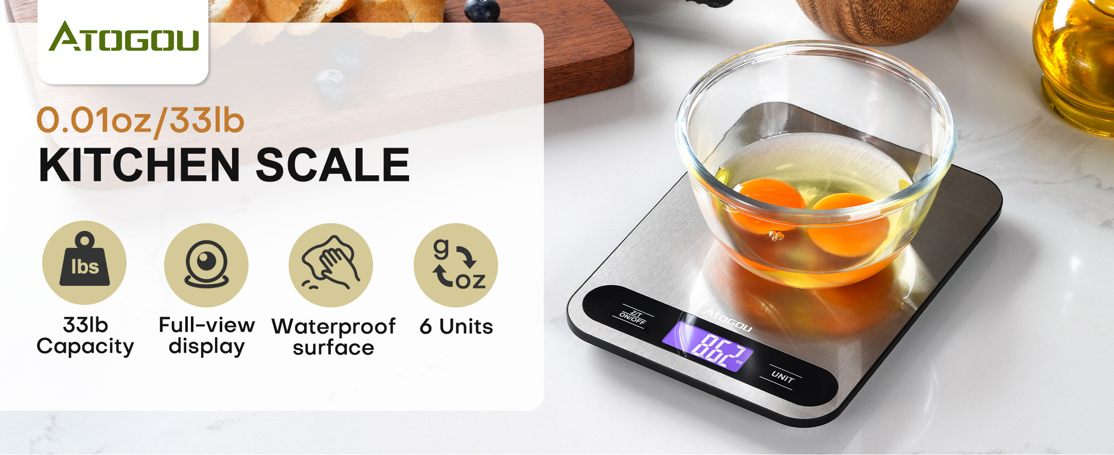 Atogou Food Scale, 33lb/ 15kg Digital Kitchen Scale with Full View LCD Display, Durable Stainless Steel Surface, for Cooking, Baking, Meal Prep Black