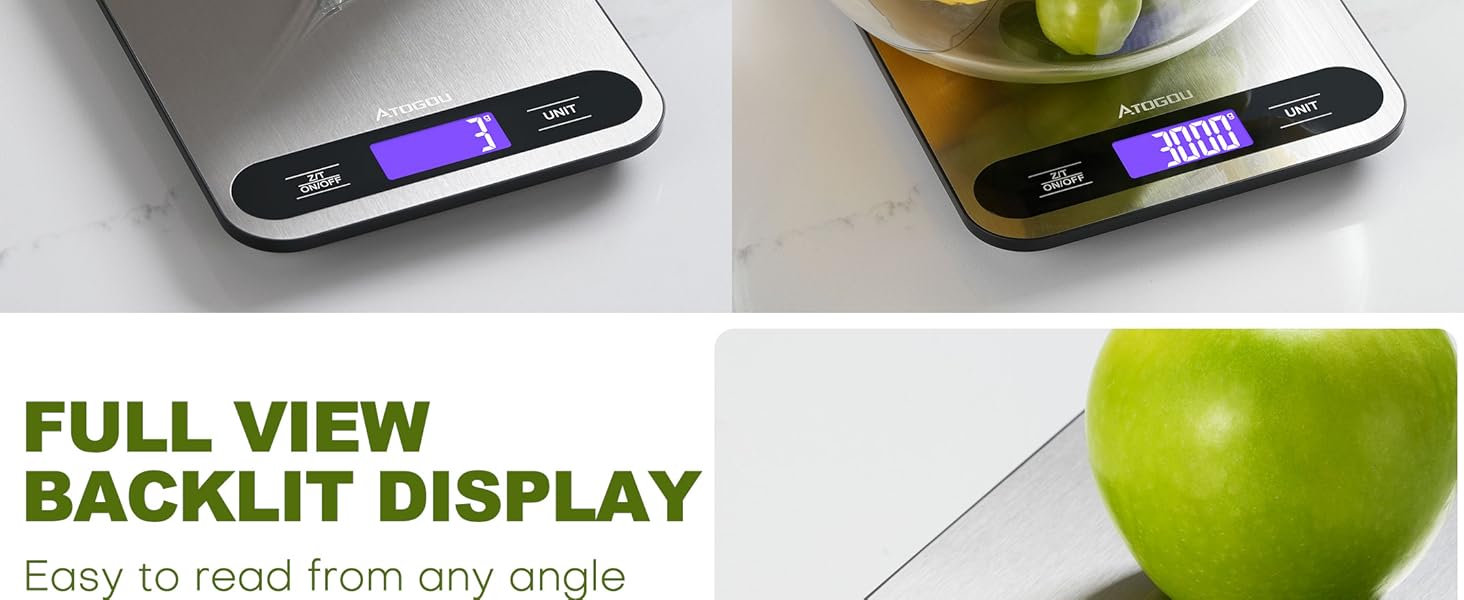 Atogou Food Scale, 33lb/ 15kg Digital Kitchen Scale with Full View LCD Display, Durable Stainless Steel Surface, for Cooking, Baking, Meal Prep Black