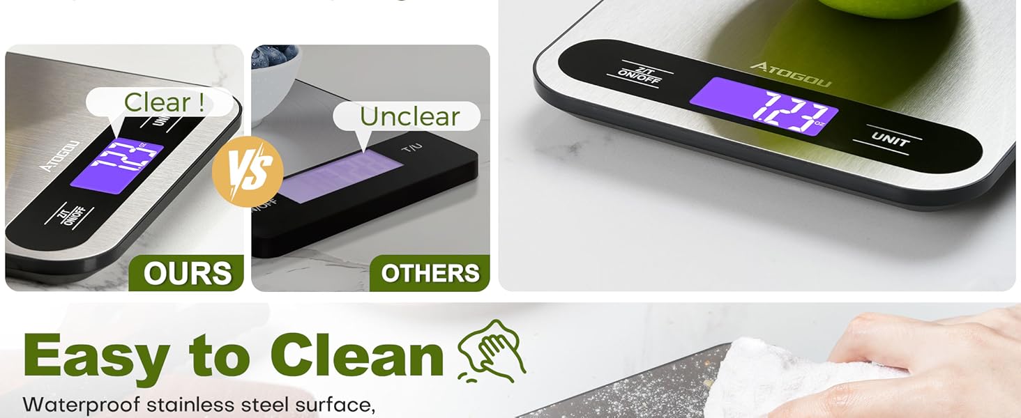 Atogou Food Scale, 33lb/ 15kg Digital Kitchen Scale with Full View LCD Display, Durable Stainless Steel Surface, for Cooking, Baking, Meal Prep Black