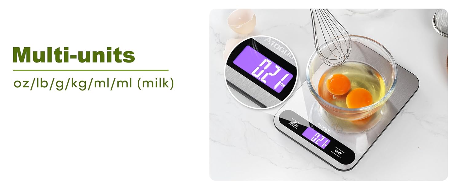 Atogou Food Scale, 33lb/ 15kg Digital Kitchen Scale with Full View LCD Display, Durable Stainless Steel Surface, for Cooking, Baking, Meal Prep Black