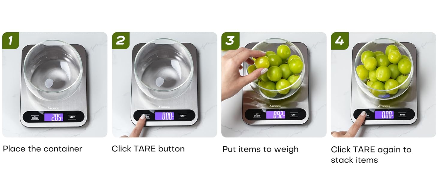 Atogou Food Scale, 33lb/ 15kg Digital Kitchen Scale with Full View LCD Display, Durable Stainless Steel Surface, for Cooking, Baking, Meal Prep Black