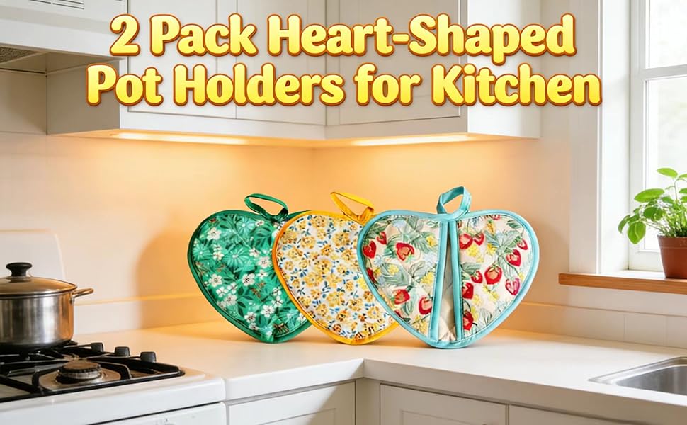 2 Pack Heart-Shaped Pot Holders for Kitchen - 15.01x19.84cm Heat Resistant Oven Pot Holders with Retro Floral Pattern, Hanging Potholders for Kitchens, Kitchen Mitts for Oven & Oven Mitt (Blue)
