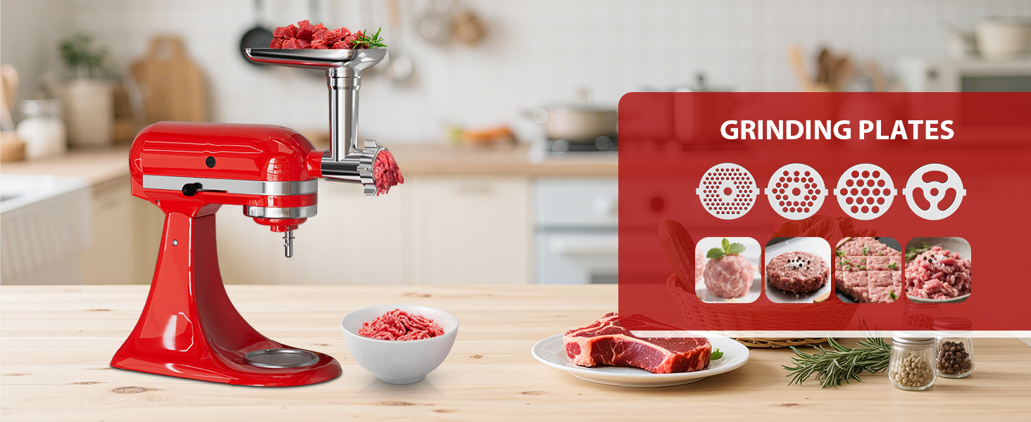 21Pcs Meat Grinder & Cheese Grater Attachment for KitchenAid Stand Mixer, with 4 Grinding Plates, Metal Sausage Stuffer Tubes, 4 Slicer Shredder Attachment, Kitchen Aid Accessories and Attachments