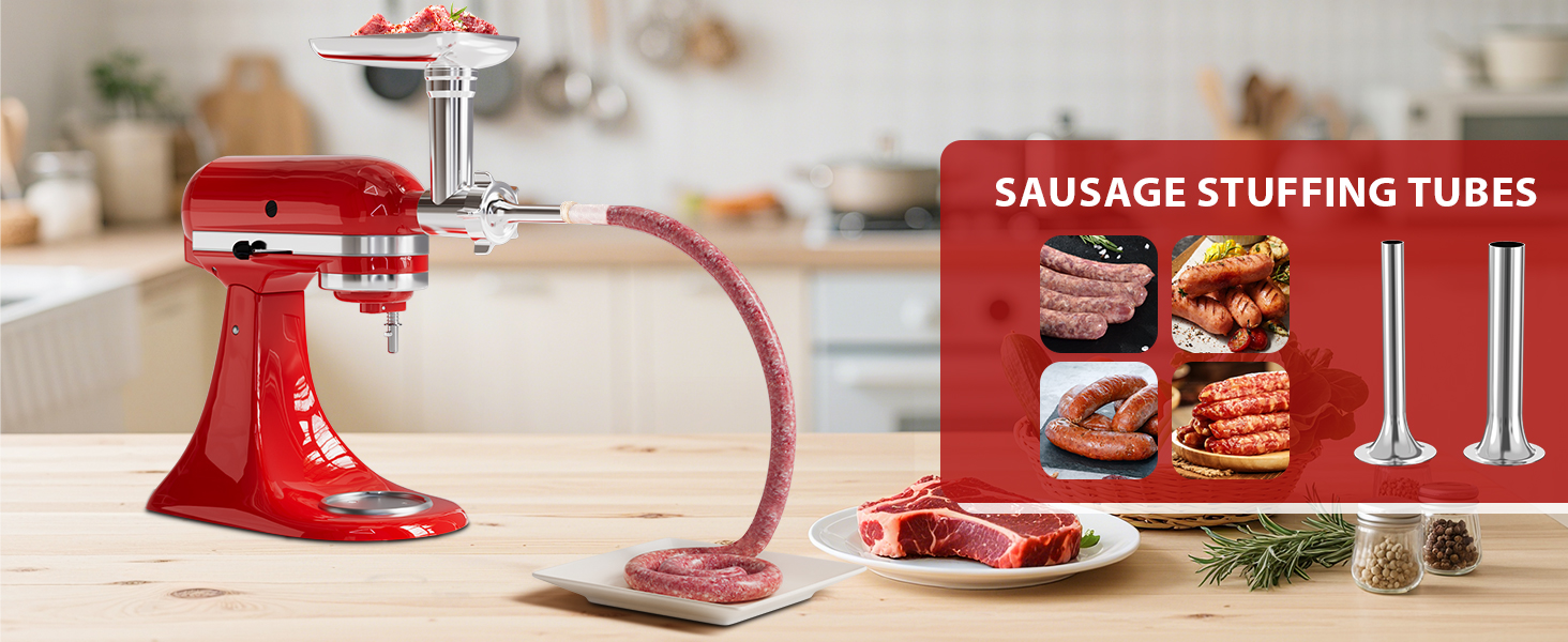 21Pcs Meat Grinder & Cheese Grater Attachment for KitchenAid Stand Mixer, with 4 Grinding Plates, Metal Sausage Stuffer Tubes, 4 Slicer Shredder Attachment, Kitchen Aid Accessories and Attachments