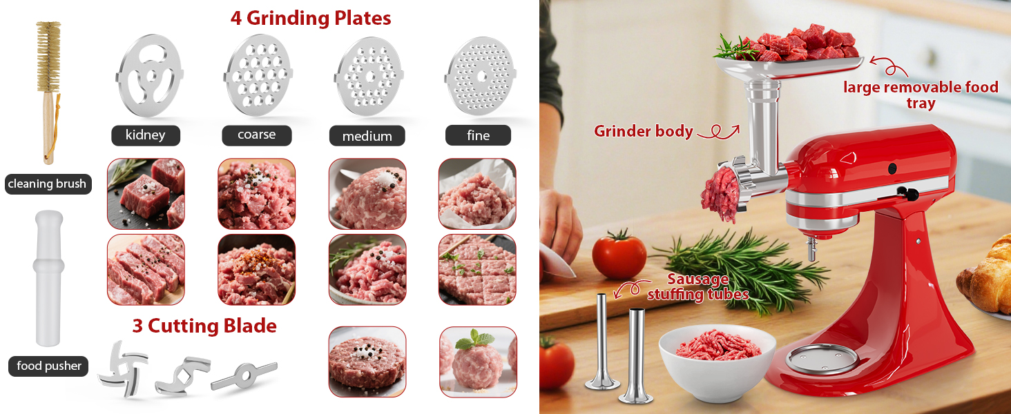 21Pcs Meat Grinder & Cheese Grater Attachment for KitchenAid Stand Mixer, with 4 Grinding Plates, Metal Sausage Stuffer Tubes, 4 Slicer Shredder Attachment, Kitchen Aid Accessories and Attachments