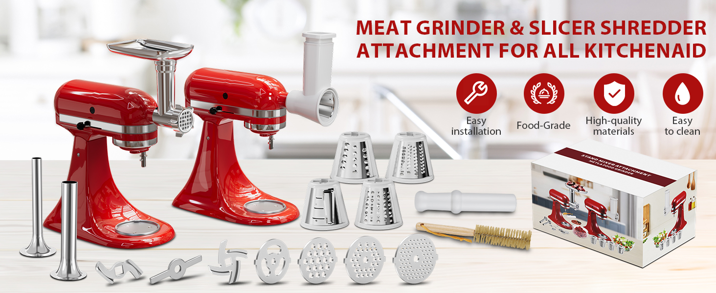 21Pcs Meat Grinder & Cheese Grater Attachment for KitchenAid Stand Mixer, with 4 Grinding Plates, Metal Sausage Stuffer Tubes, 4 Slicer Shredder Attachment, Kitchen Aid Accessories and Attachments