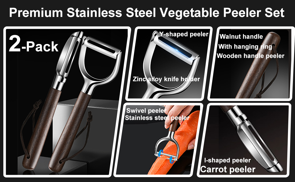 Premium Vegetable Peeler Set - Stainless Steel Y-shaped & I-shaped Peelers with Ergonomic Non-Slip Wood Handle and Hanging Loop for Fruits, Carrot,Veggie, Potatoes & Kitchen Use (2-Piece)