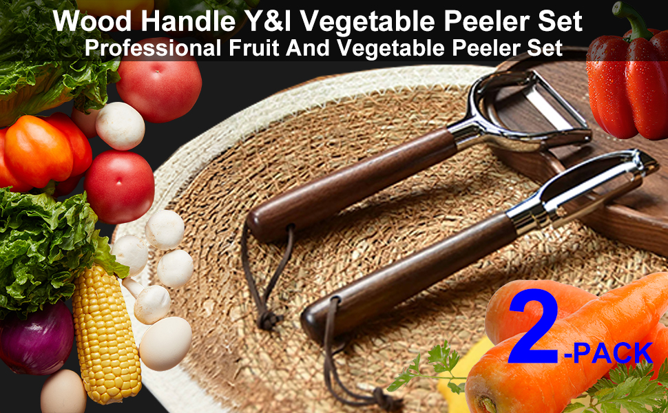 Premium Vegetable Peeler Set - Stainless Steel Y-shaped & I-shaped Peelers with Ergonomic Non-Slip Wood Handle and Hanging Loop for Fruits, Carrot,Veggie, Potatoes & Kitchen Use (2-Piece)
