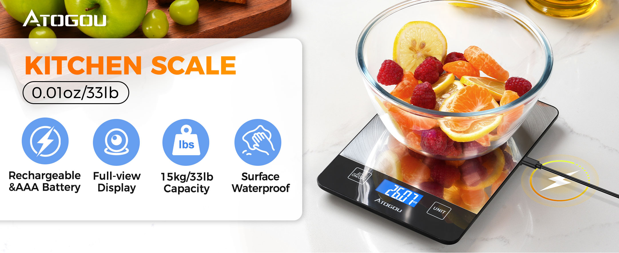 Atogou Food Scale - 33lb Digital Kitchen Scale Ounces Grams, Rechargeable & Full-View Display, Water-Resistant, Batteries or USB-C Charging, Stainless Steel, for Cooking, Meal Prep, Package (Black)