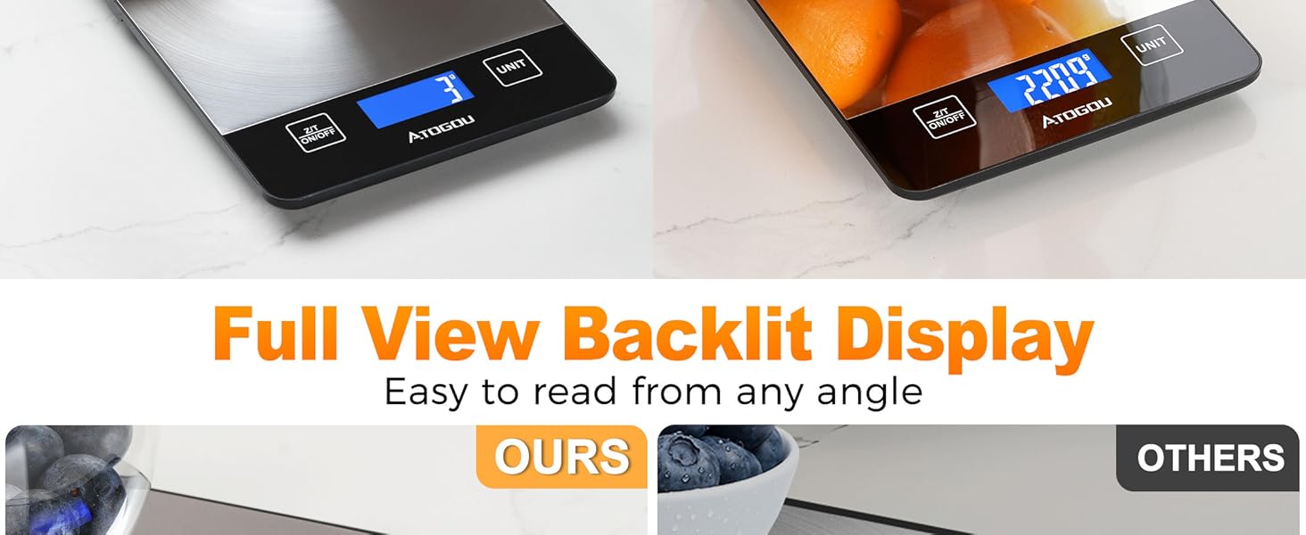 Atogou Food Scale - 33lb Digital Kitchen Scale Ounces Grams, Rechargeable & Full-View Display, Water-Resistant, Batteries or USB-C Charging, Stainless Steel, for Cooking, Meal Prep, Package (Black)