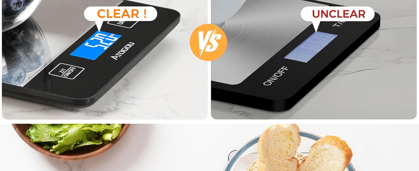 Atogou Food Scale - 33lb Digital Kitchen Scale Ounces Grams, Rechargeable & Full-View Display, Water-Resistant, Batteries or USB-C Charging, Stainless Steel, for Cooking, Meal Prep, Package (Black)