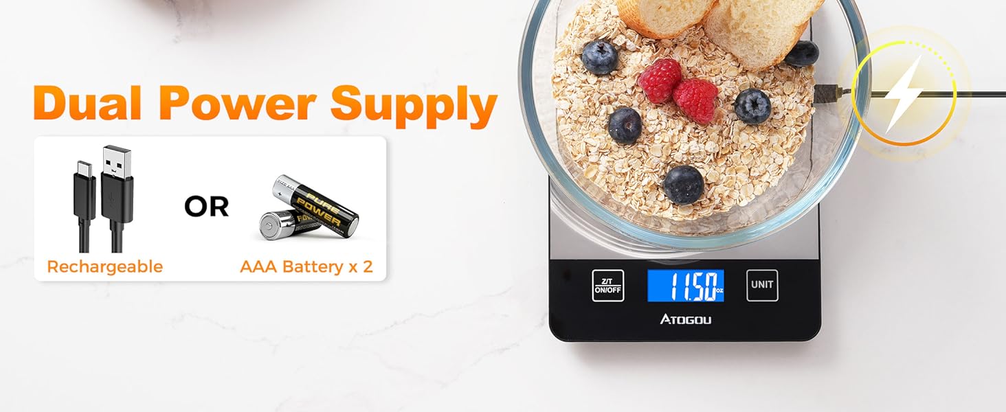 Atogou Food Scale - 33lb Digital Kitchen Scale Ounces Grams, Rechargeable & Full-View Display, Water-Resistant, Batteries or USB-C Charging, Stainless Steel, for Cooking, Meal Prep, Package (Black)