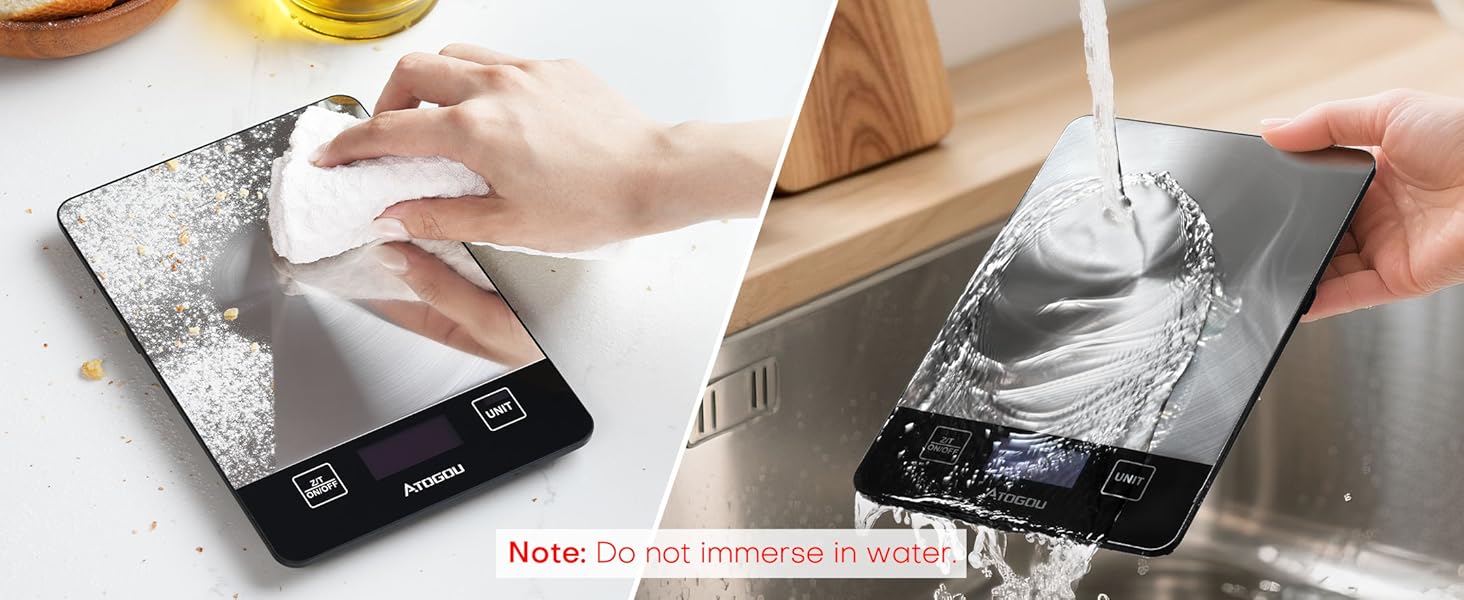 Atogou Food Scale - 33lb Digital Kitchen Scale Ounces Grams, Rechargeable & Full-View Display, Water-Resistant, Batteries or USB-C Charging, Stainless Steel, for Cooking, Meal Prep, Package (Black)
