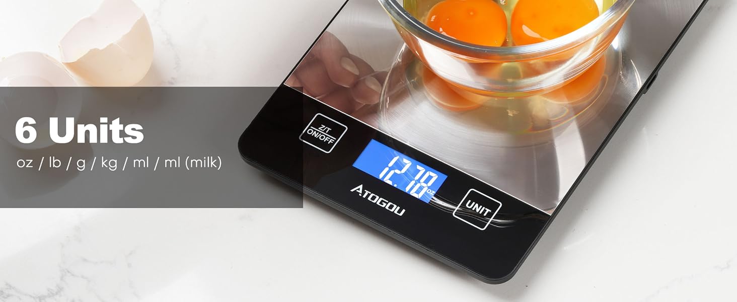 Atogou Food Scale - 33lb Digital Kitchen Scale Ounces Grams, Rechargeable & Full-View Display, Water-Resistant, Batteries or USB-C Charging, Stainless Steel, for Cooking, Meal Prep, Package (Black)
