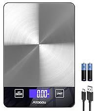 Atogou Food Scale - 33lb Digital Kitchen Scale Ounces Grams, Rechargeable & Full-View Display, Water-Resistant, Batteries or USB-C Charging, Stainless Steel, for Cooking, Meal Prep, Package (Black)