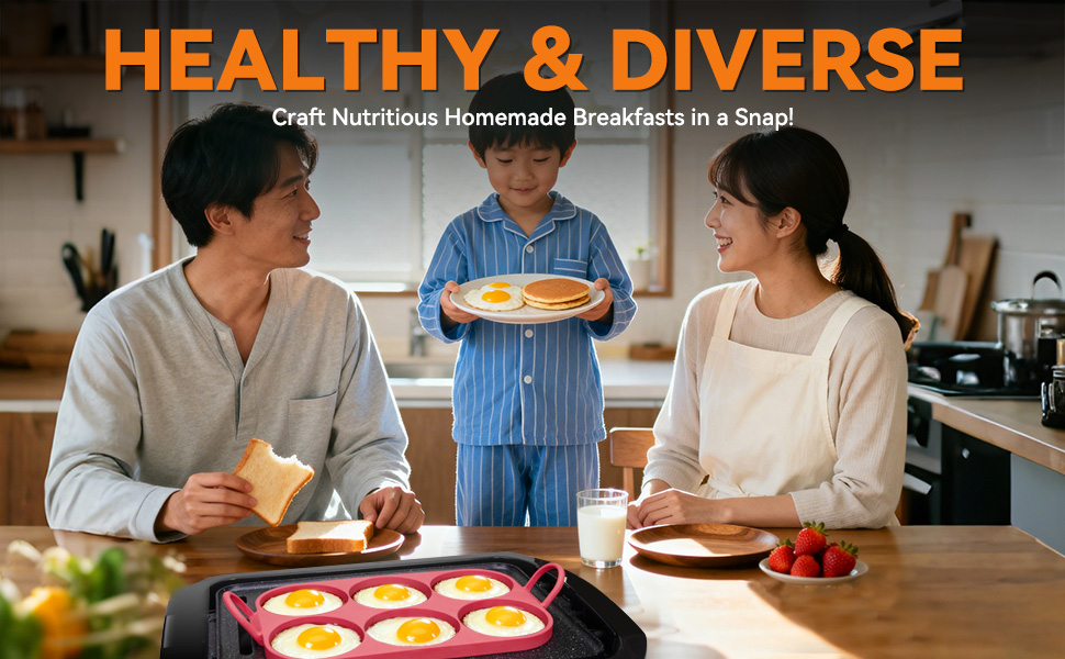 Baker's Friend 6 Round Silicone Egg Rings for Frying Eggs & Pancake, Non-Stick & Heat-Resistant, Ergonomic Handles, Omelette Ring for Griddle, 4 Inch, Red