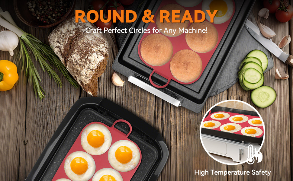 Baker's Friend 6 Round Silicone Egg Rings for Frying Eggs & Pancake, Non-Stick & Heat-Resistant, Ergonomic Handles, Omelette Ring for Griddle, 4 Inch, Red
