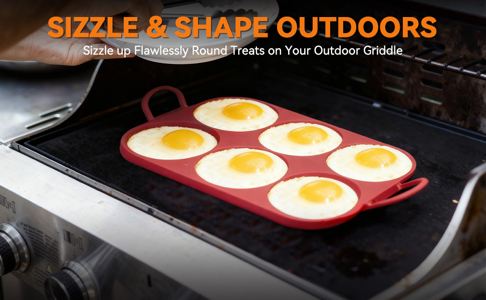 Baker's Friend 6 Round Silicone Egg Rings for Frying Eggs & Pancake, Non-Stick & Heat-Resistant, Ergonomic Handles, Omelette Ring for Griddle, 4 Inch, Red