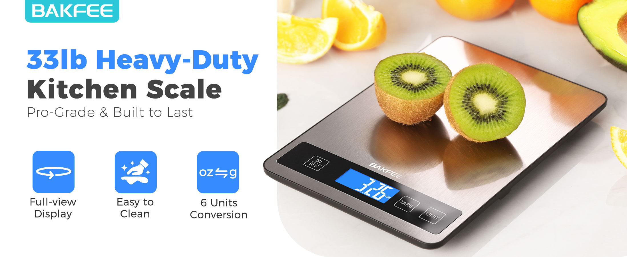Food Scale - 15kg/33lb Digital Kitchen Scale with Full-View LCD Display, Grams and Ounces, Easy Clean Stainless Steel, 6 Units with Tare Function, Precise for Baking, Cooking & Meal Prep, Black
