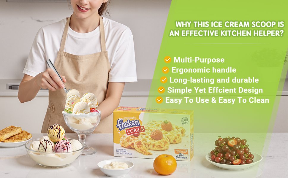 Ice Cream Scoop, 7.9 inches One-Piece Design Stainless Steel Scooper for Cookie Dough,Gelato, Sorbet,Heavy Duty with Comfort Handle, Dishwasher Safe