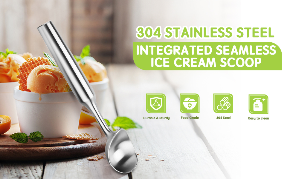 Ice Cream Scoop, 7.9 inches One-Piece Design Stainless Steel Scooper for Cookie Dough,Gelato, Sorbet,Heavy Duty with Comfort Handle, Dishwasher Safe