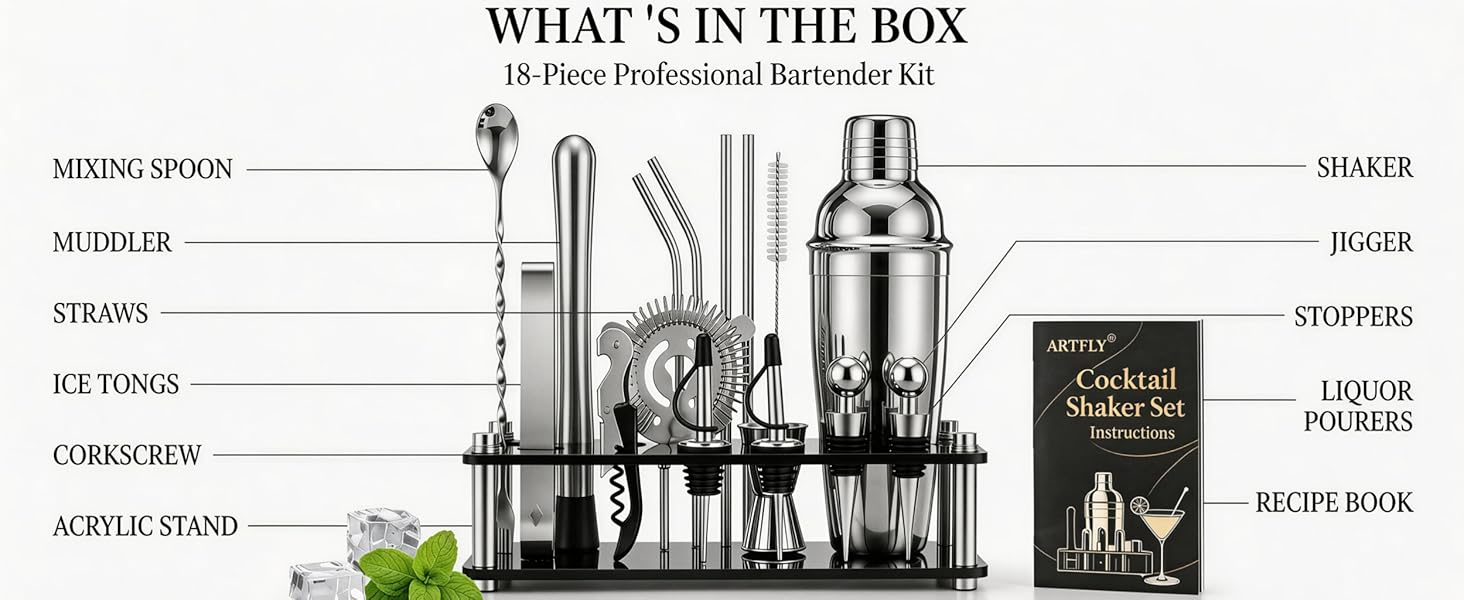 Cocktail Shaker Set, 18-Piece Bartender Kit with Acrylic Stand, 18/8 Stainless Steel Bar Set with Martini Shaker, Jigger, Muddler & Recipe Book for Home Bar