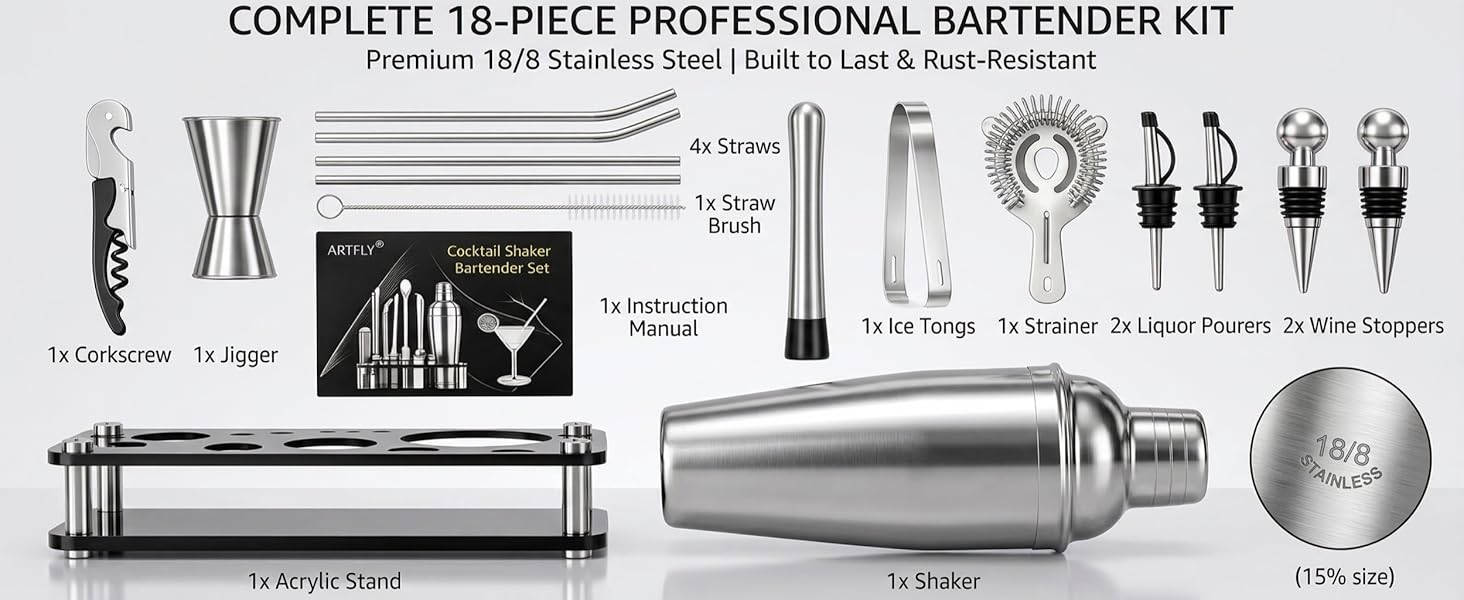 Cocktail Shaker Set, 18-Piece Bartender Kit with Acrylic Stand, 18/8 Stainless Steel Bar Set with Martini Shaker, Jigger, Muddler & Recipe Book for Home Bar