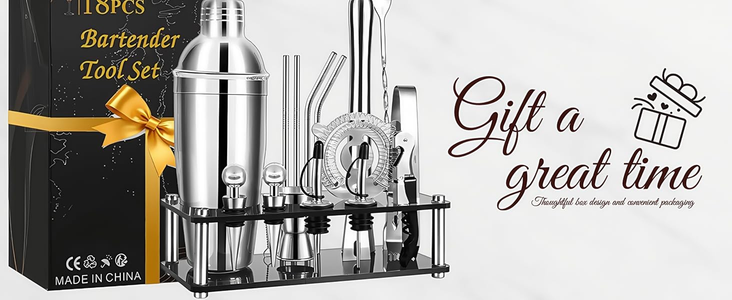 Cocktail Shaker Set, 18-Piece Bartender Kit with Acrylic Stand, 18/8 Stainless Steel Bar Set with Martini Shaker, Jigger, Muddler & Recipe Book for Home Bar