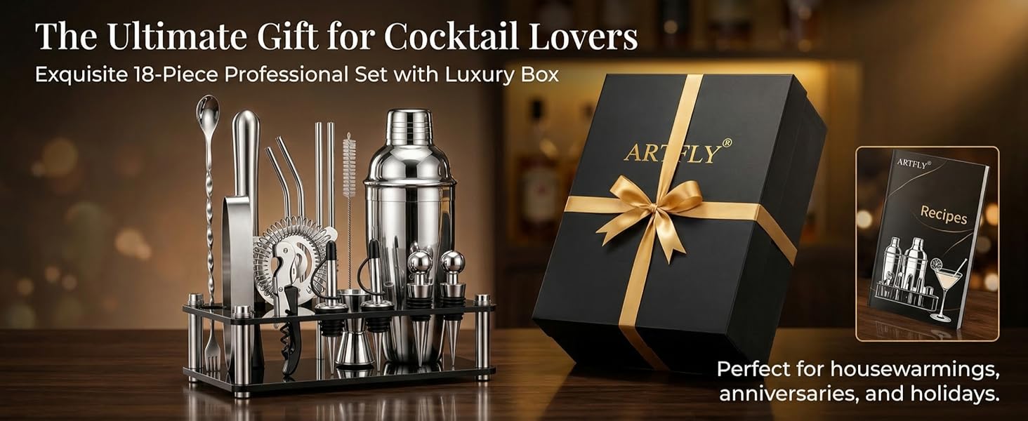 Cocktail Shaker Set, 18-Piece Bartender Kit with Acrylic Stand, 18/8 Stainless Steel Bar Set with Martini Shaker, Jigger, Muddler & Recipe Book for Home Bar