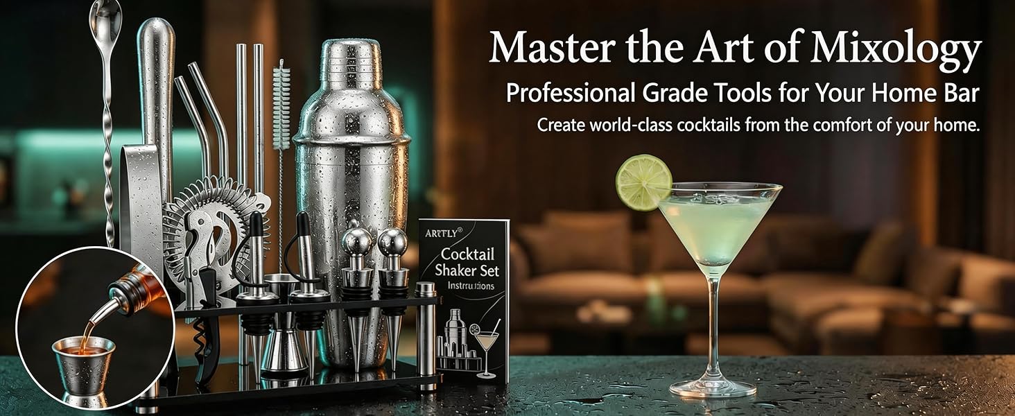 Cocktail Shaker Set, 18-Piece Bartender Kit with Acrylic Stand, 18/8 Stainless Steel Bar Set with Martini Shaker, Jigger, Muddler & Recipe Book for Home Bar