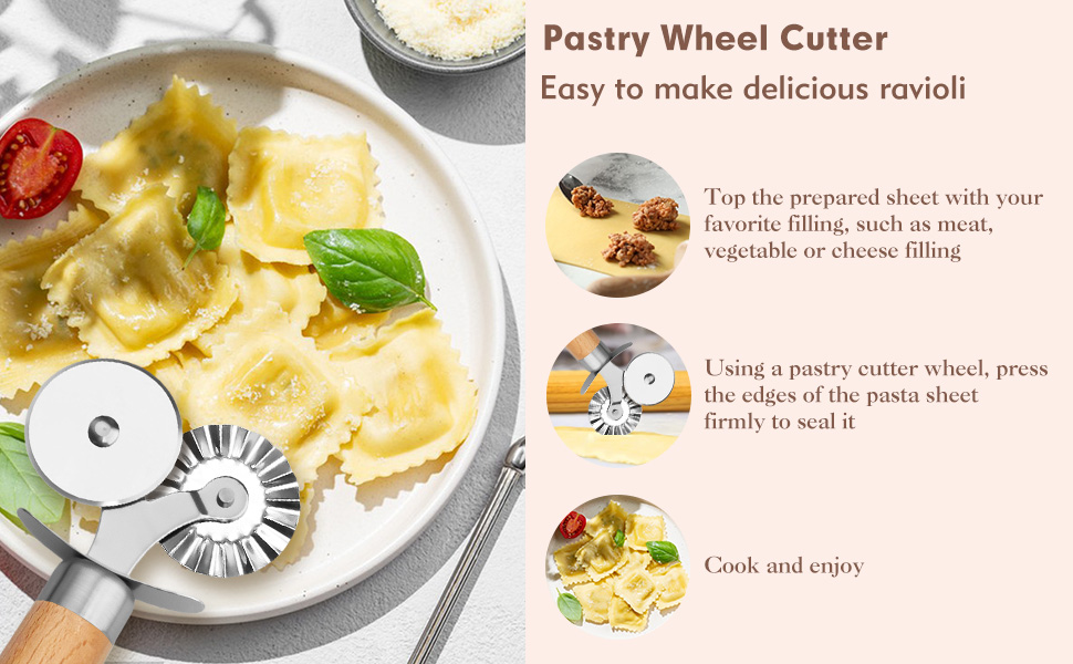 Pasta Cutter Wheel - Fluted Pastry Cutter Double Wheel Ravioli Cutter Tool with Wooden Handle for Pasta Pizza Ravioli Cookie