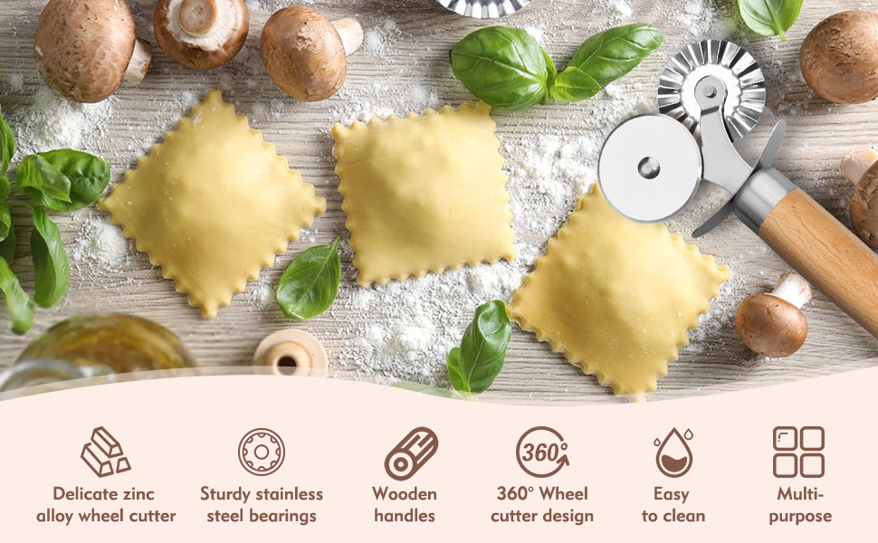 Pasta Cutter Wheel - Fluted Pastry Cutter Double Wheel Ravioli Cutter Tool with Wooden Handle for Pasta Pizza Ravioli Cookie