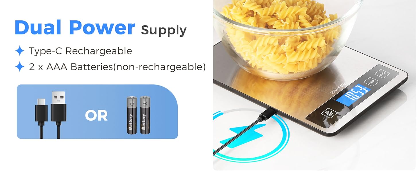 Food Scale - 15kg/33lb Rechargeable Digital Kitchen Scale with Full-View LCD Display, Grams and Ounces, Type-C or Batteries, Easy Clean Stainless Steel, for Baking, Cooking & Meal Prep, Black