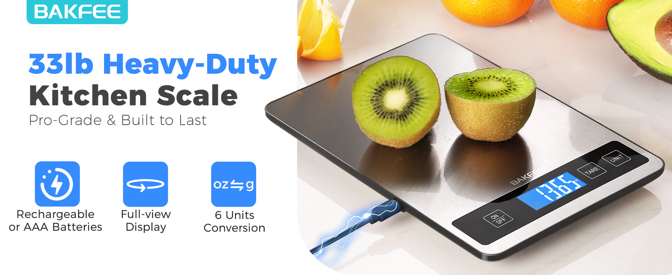 Food Scale - 15kg/33lb Rechargeable Digital Kitchen Scale with Full-View LCD Display, Grams and Ounces, Type-C or Batteries, Easy Clean Stainless Steel, for Baking, Cooking & Meal Prep, Black