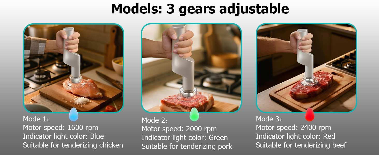 SIXRARI Electric Meat Tenderizer Tool, Adjustable 3 Speed Cordless Electric Meat Mallet, Powerful Motor, Easy to Clean, Kitchen Essentials for Tenderizing Steak/Beef/Chicken Chops and More (Silver)