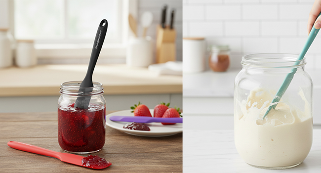 3pcs Silicone Jar Spatulas 10in Long Skinny Heat-Resistant, Narrow Spatula Set for Scraping Peanut Butter, Sourdough, Jam in Small Containers, Blenders & Baking (Black)