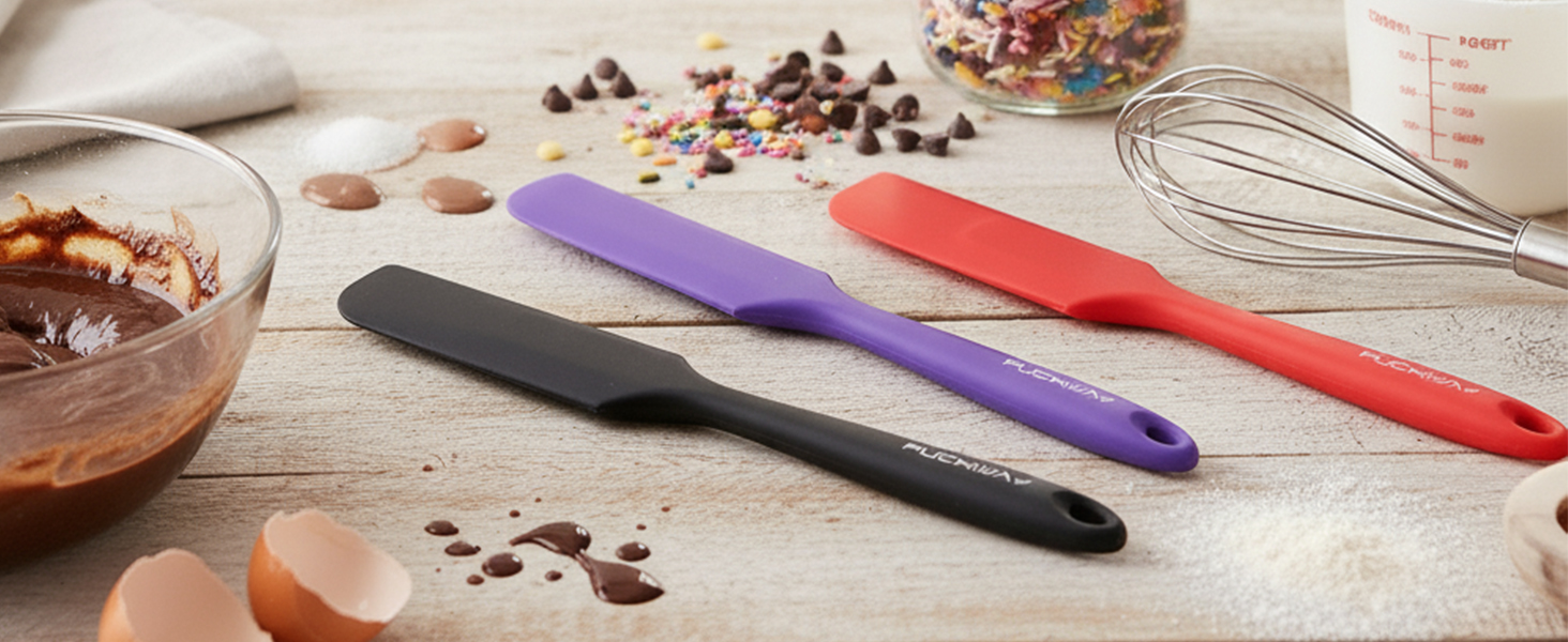 3pcs Silicone Jar Spatulas 10in Long Skinny Heat-Resistant, Narrow Spatula Set for Scraping Peanut Butter, Sourdough, Jam in Small Containers, Blenders & Baking (Black)