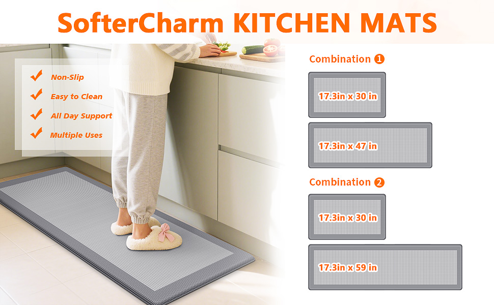 Kitchen Mats, 2PCS Kitchen Rugs for Floor, Cushioned Anti-Fatigue Mats for Kitchen Floor, Non-Slip Standing Desk Mat for Sink, Home, Laundry & Office, 17.3