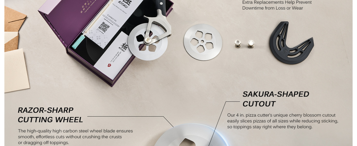 KYOKU 4 in. Pizza Cutter, Detachable Pizza Wheel Cutter with Sakura-Shaped Cutout, High Carbon Steel Wheel Pizza Slicer with 2 Wheel Blades Brush Hand Guard, Pizza Wheel Slicer for Pie Flatbread