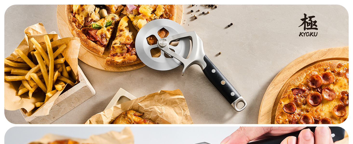 KYOKU 4 in. Pizza Cutter, Detachable Pizza Wheel Cutter with Sakura-Shaped Cutout, High Carbon Steel Wheel Pizza Slicer with 2 Wheel Blades Brush Hand Guard, Pizza Wheel Slicer for Pie Flatbread