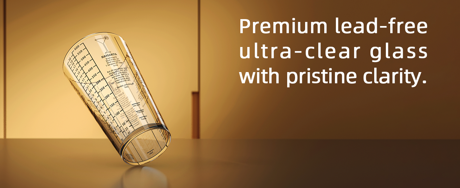 Glass Cocktail Shaker, with Recipes and Measurements 20oz, Built-in Strainer and Leakproof Seal, Clear Bar Tool for Margaritas, Martinis
